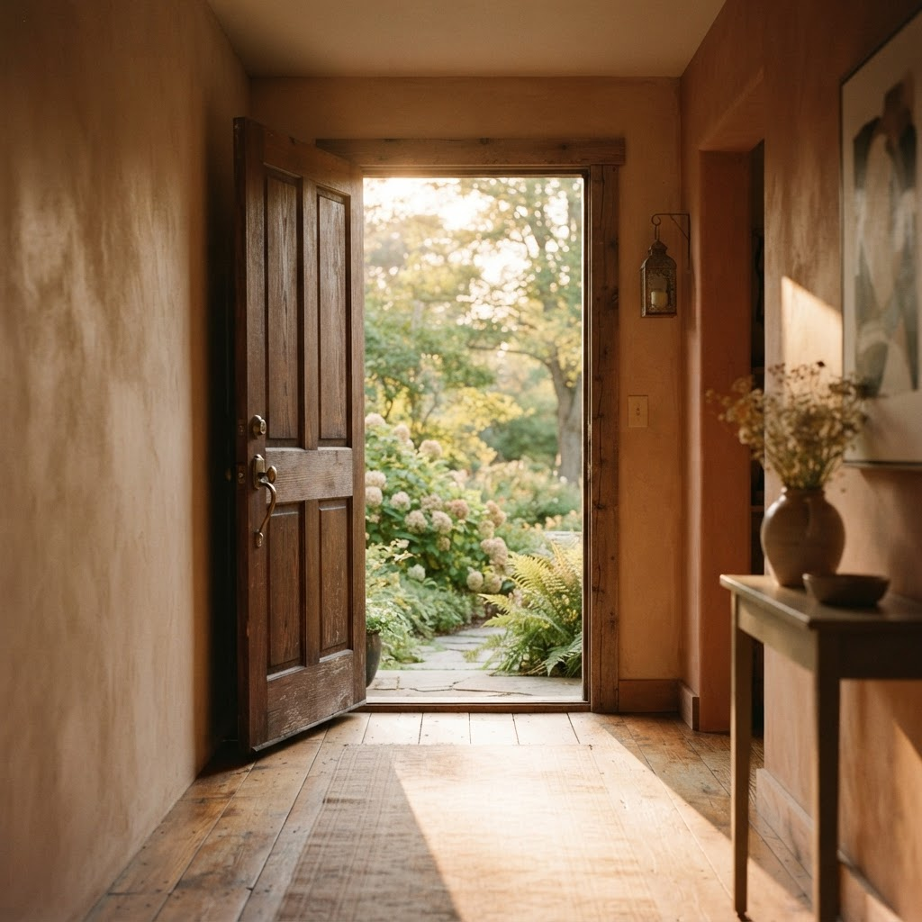 Warm light spilling through an open doorway, symbolizing hope and support